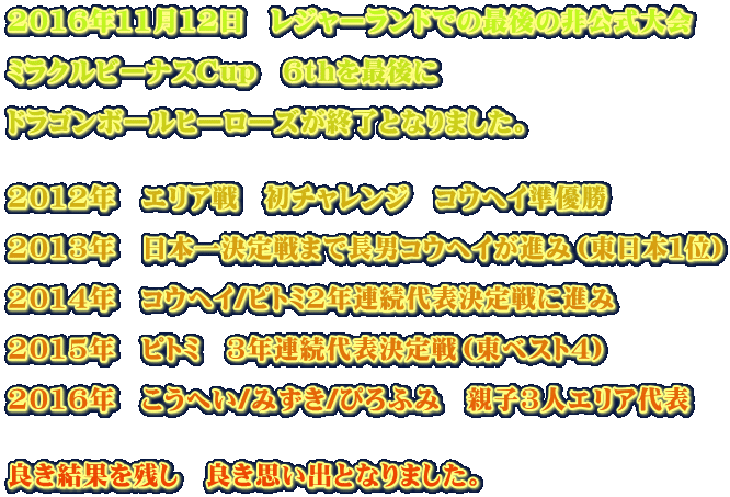 2016年11月12日 レジャーランドでの最後の非公式大会 ミラクルビーナスCup 6thを最後に ドラゴンボールヒーローズが終了となりました。 2012年 エリア戦 初チャレンジ コウヘイ準優勝 2013年 日本一決定戦まで長男コウヘイが進み(東日本1位) 2014年 コウヘイ/ピトミ2年連続代表決定戦に進み 2015年 ピトミ 3年連続代表決定戦(東ベスト4) 2016年 こうへい/みずき/ぴろふみ 親子3人エリア代表 良き結果を残し 良き思い出となりました。